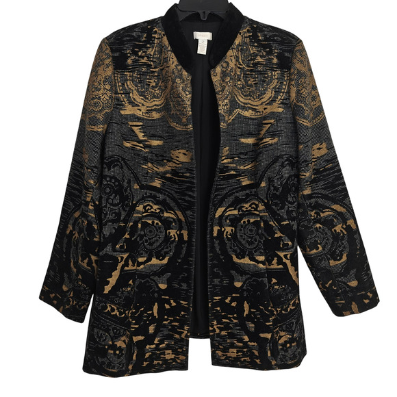 Chico's Flocked Tapestry Duster Jacket Size Large /2 Black Gold Pockets Velvet - Picture 2 of 10